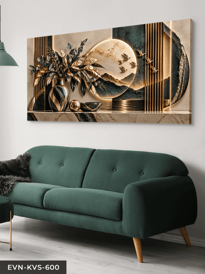 Vazoda Yapraklar ve Manzara Tek Parça Işıksız Kanvas - Canvas Tablo