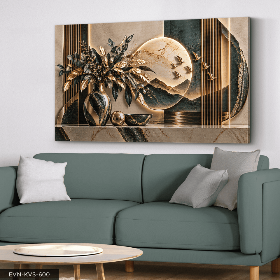 Vazoda Yapraklar ve Manzara Tek Parça Işıksız Kanvas - Canvas Tablo