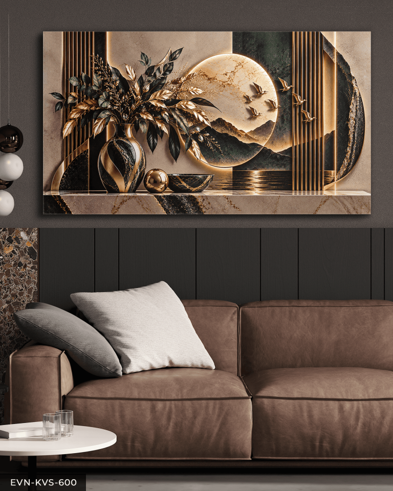 Vazoda Yapraklar ve Manzara Tek Parça Işıksız Kanvas - Canvas Tablo