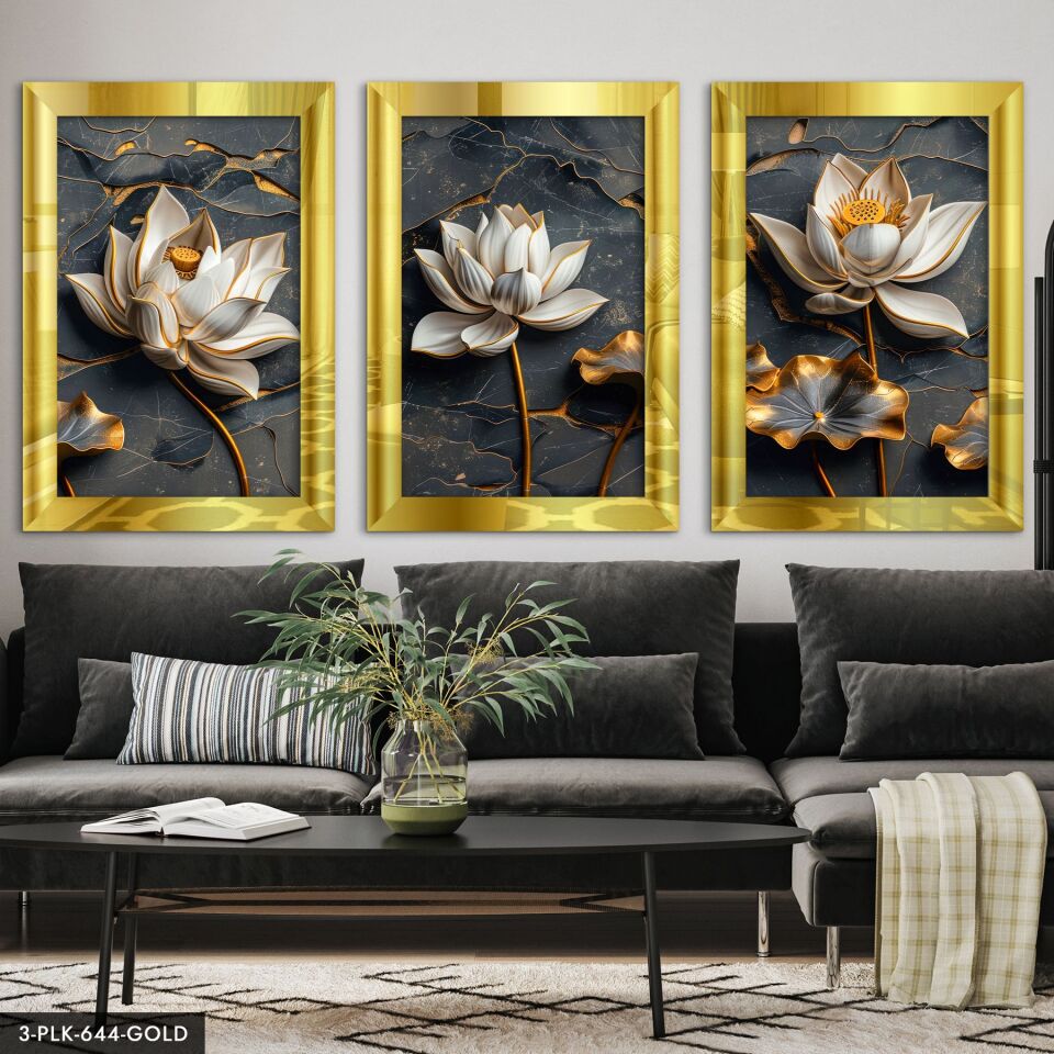 Çiçek 3D Görünümlü Arka Plan 3 Parça Pleksi Aynalı Tablo 30 x 40 CM - Gold