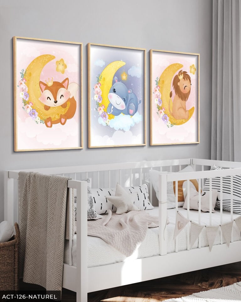 Hayvan Temalı Çocuk Odası 3 Parça Ahşap Çerçeveli Tablo ACT Naturel - 50 x 70 CM