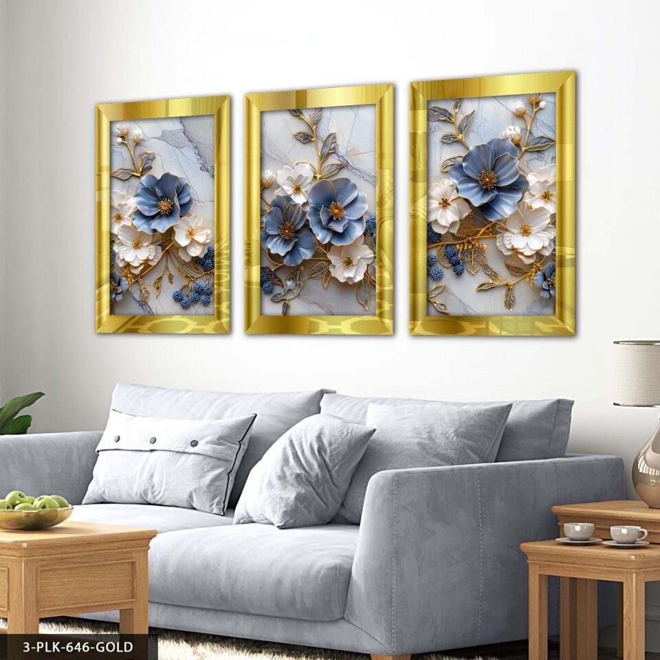 Mavi Beyaz Çiçekler Gold Yaprak Detaylı 3 Parça Pleksi Aynalı Tablo 30 x 40 CM - Gold