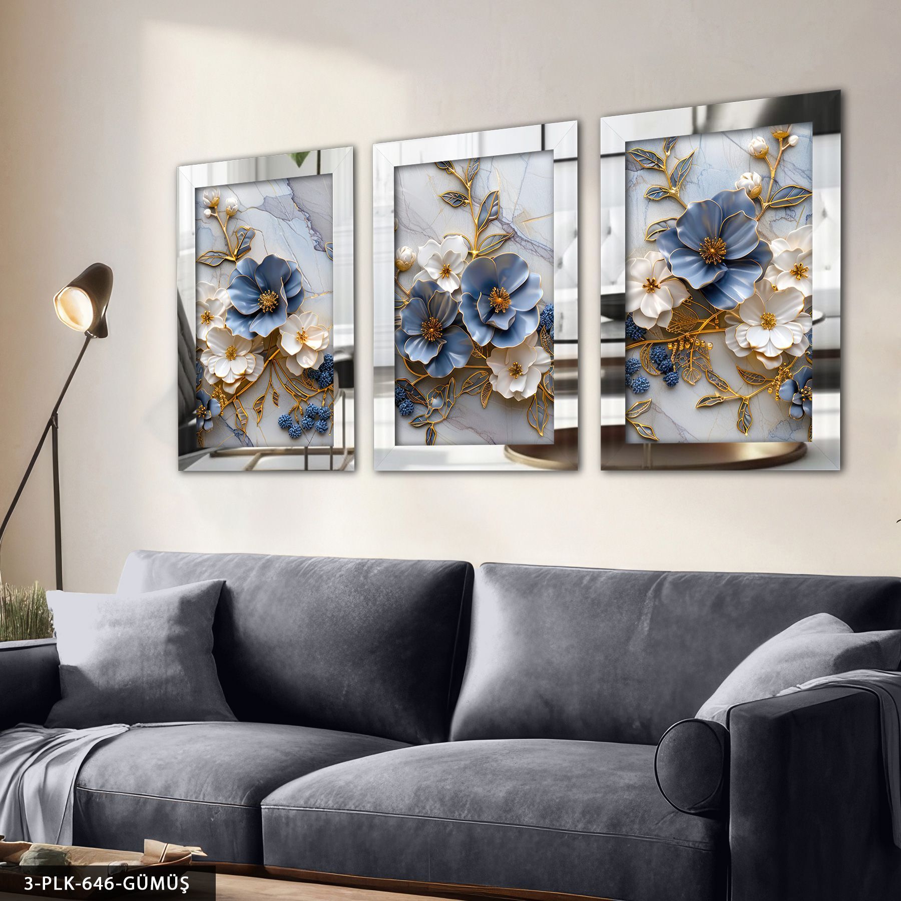 Mavi Beyaz Çiçekler Gold Yaprak Detaylı 3 Parça Pleksi Aynalı Tablo 30 x 40 CM - Gümüş