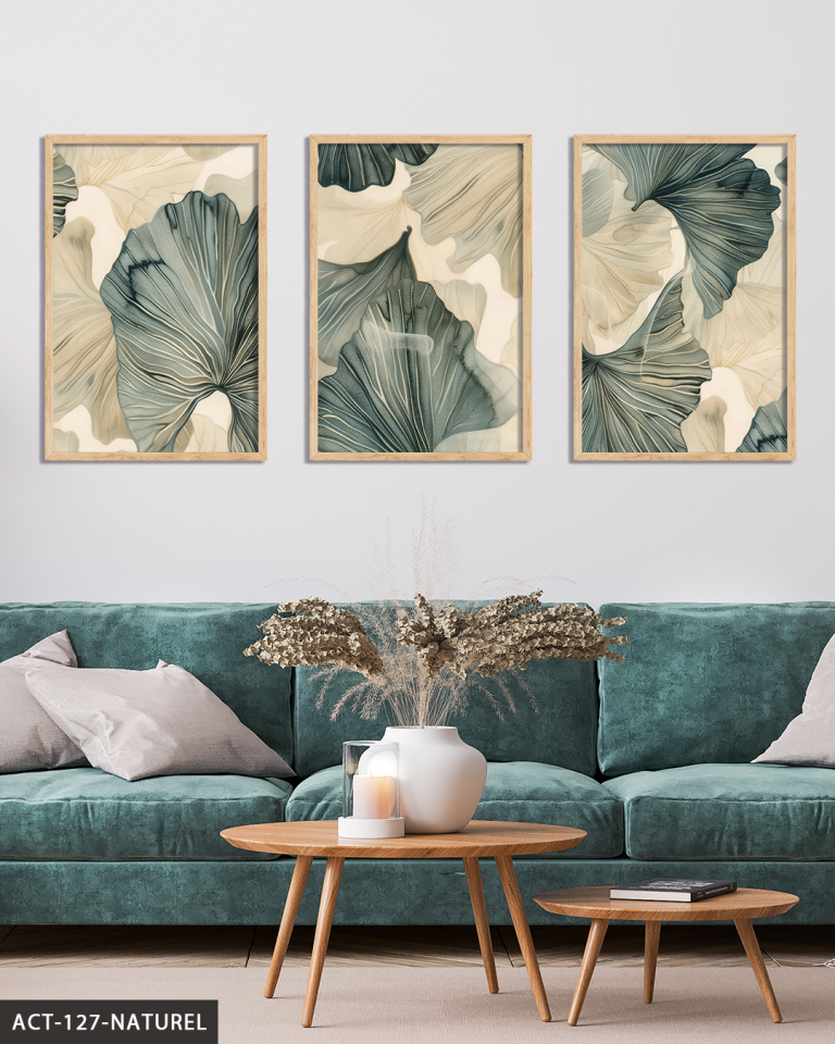 Yeşil Çiçekli Modern Sanat 3 Parça Ahşap Çerçeveli Tablo ACT Naturel - 50 x 70 CM