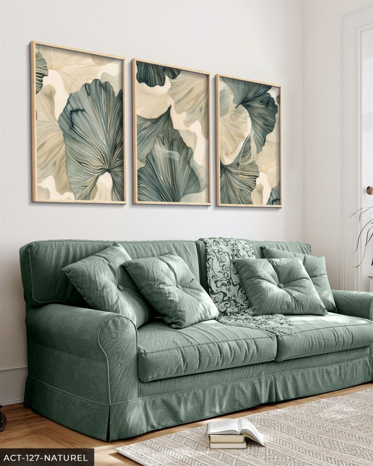 Yeşil Çiçekli Modern Sanat 3 Parça Ahşap Çerçeveli Tablo ACT Naturel - 50 x 70 CM