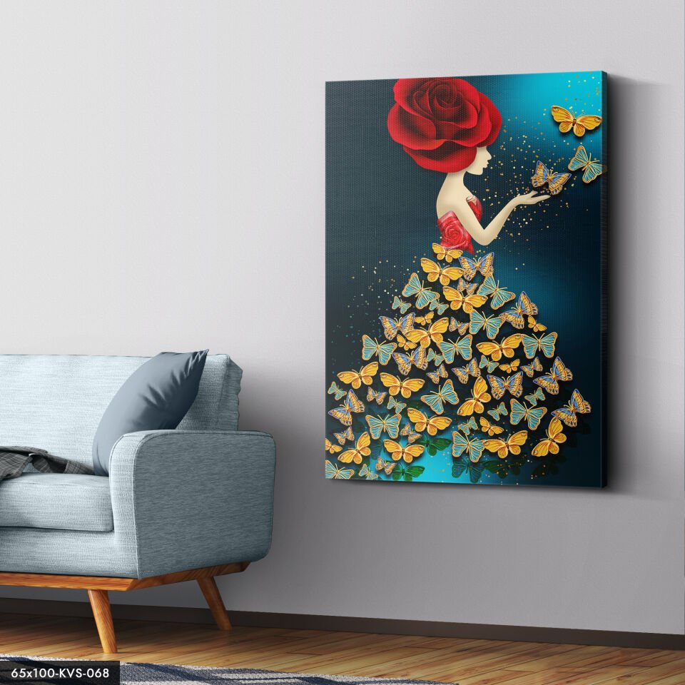 Kelebek Kadın Kanvas - Canvas Tablo 40 x 30 CM - Çok Renkli