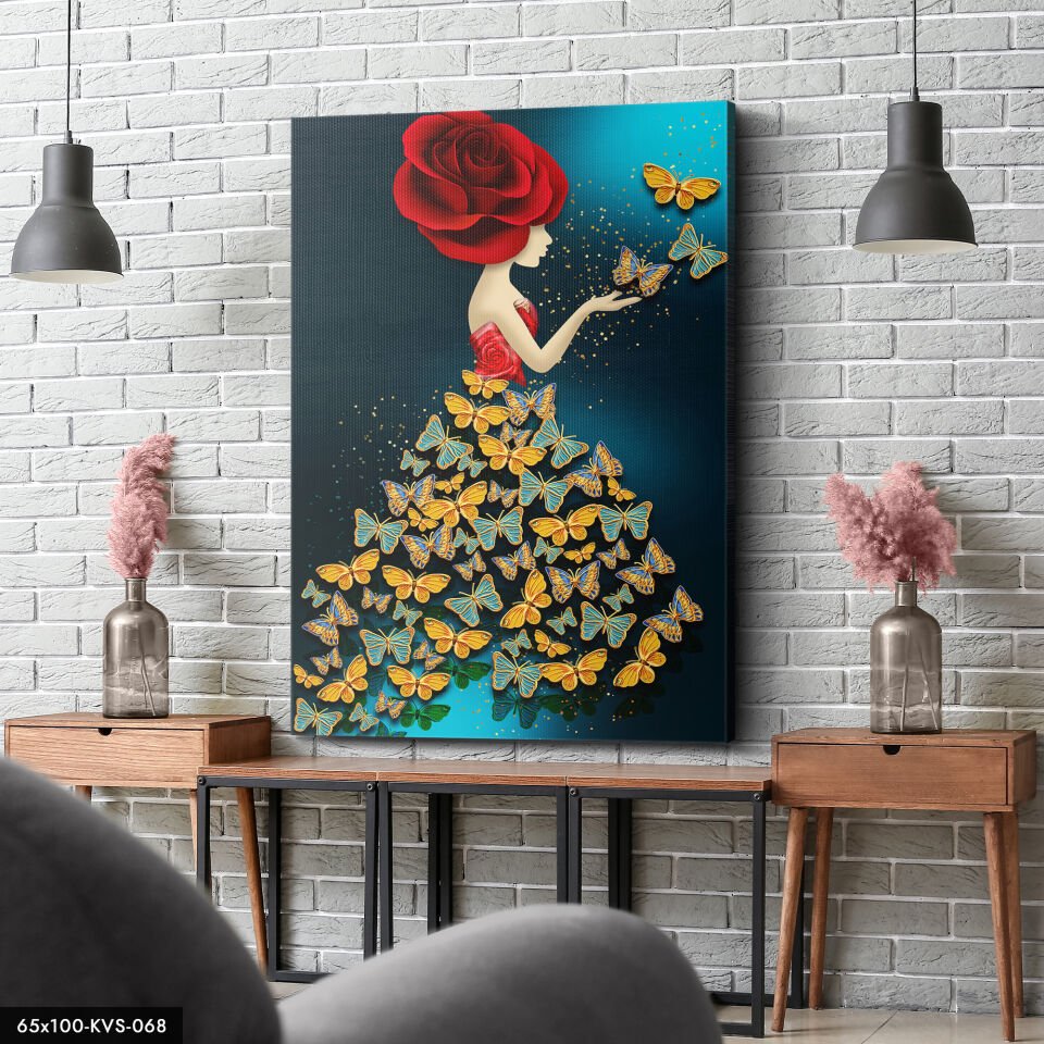 Kelebek Kadın Kanvas - Canvas Tablo 40 x 30 CM - Çok Renkli
