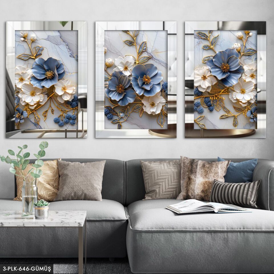 Mavi Beyaz Çiçekler Gold Yaprak Detaylı 3 Parça Pleksi Aynalı Tablo 30 x 40 CM - Gümüş