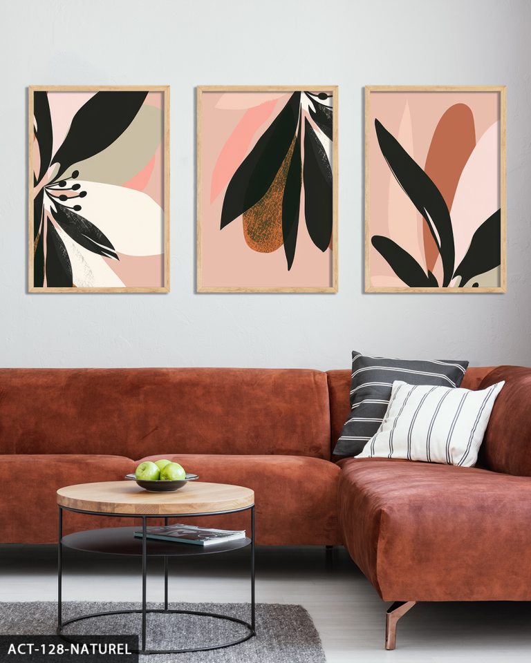 Pembe Zeminde Siyah Yapraklı Çiçek 3 Parça Ahşap Çerçeveli Tablo ACT Naturel - 50 x 70 CM