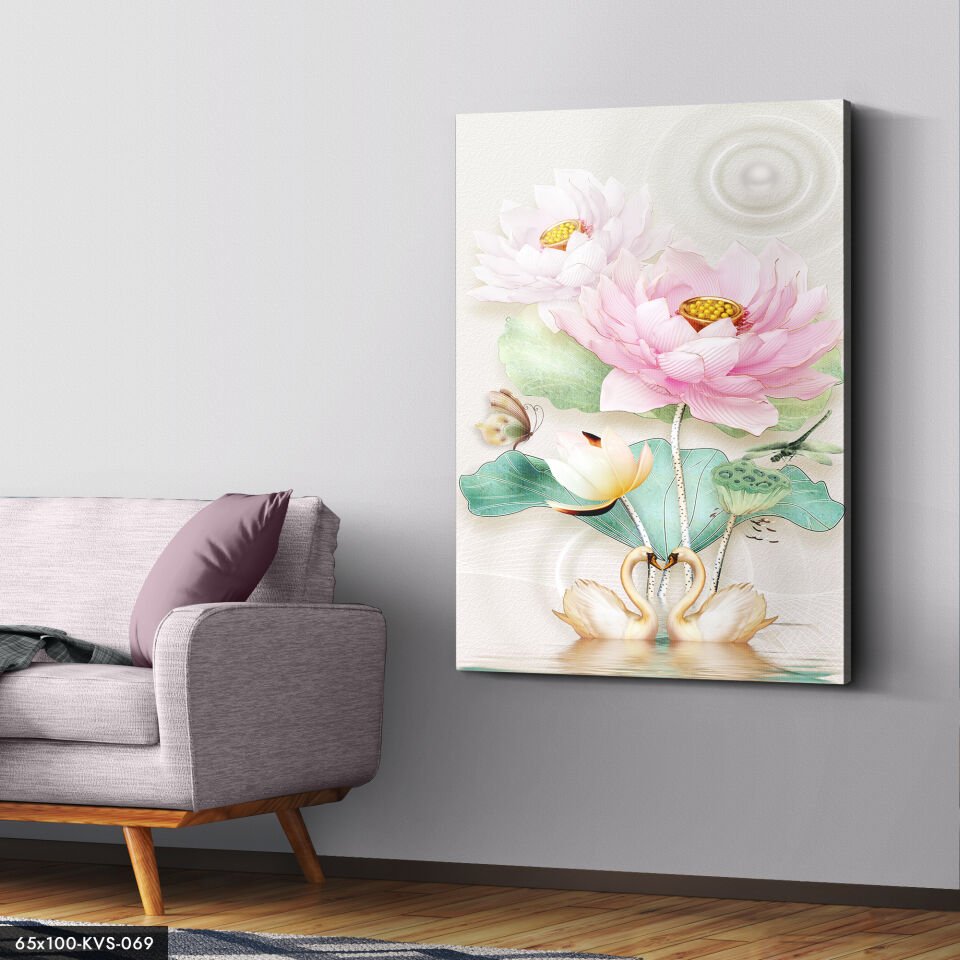 Kuğu Ve Çiçekler Kanvas - Canvas Tablo 40 x 30 CM - Çok Renkli