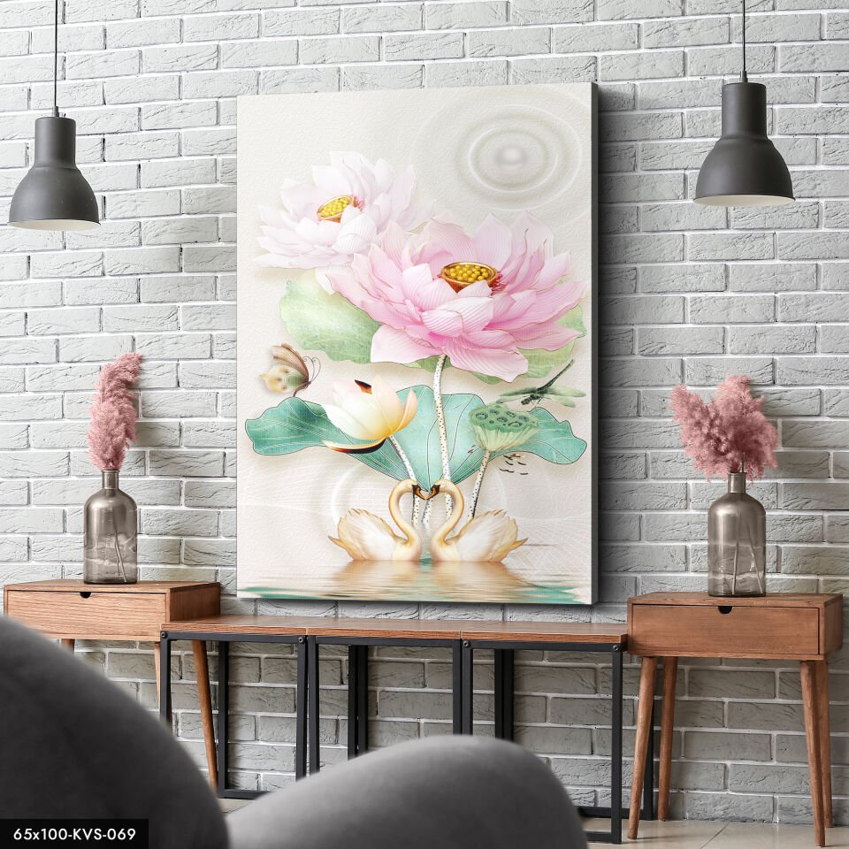 Kuğu Ve Çiçekler Kanvas - Canvas Tablo 40 x 30 CM - Çok Renkli