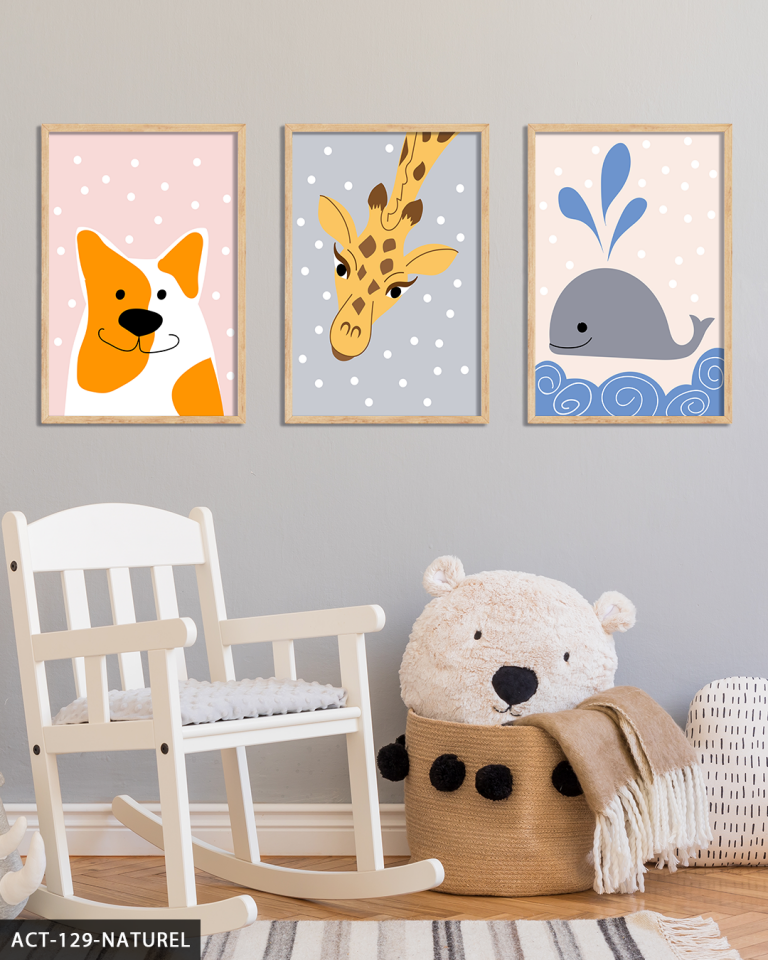 Hayvan Temalı Çocuk Odası 3 Parça Ahşap Çerçeveli Tablo ACT Naturel - 50 x 70 CM