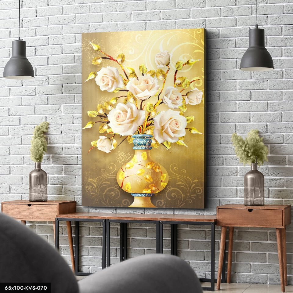 Gold Vazo Çiçekler Kanvas - Canvas Tablo