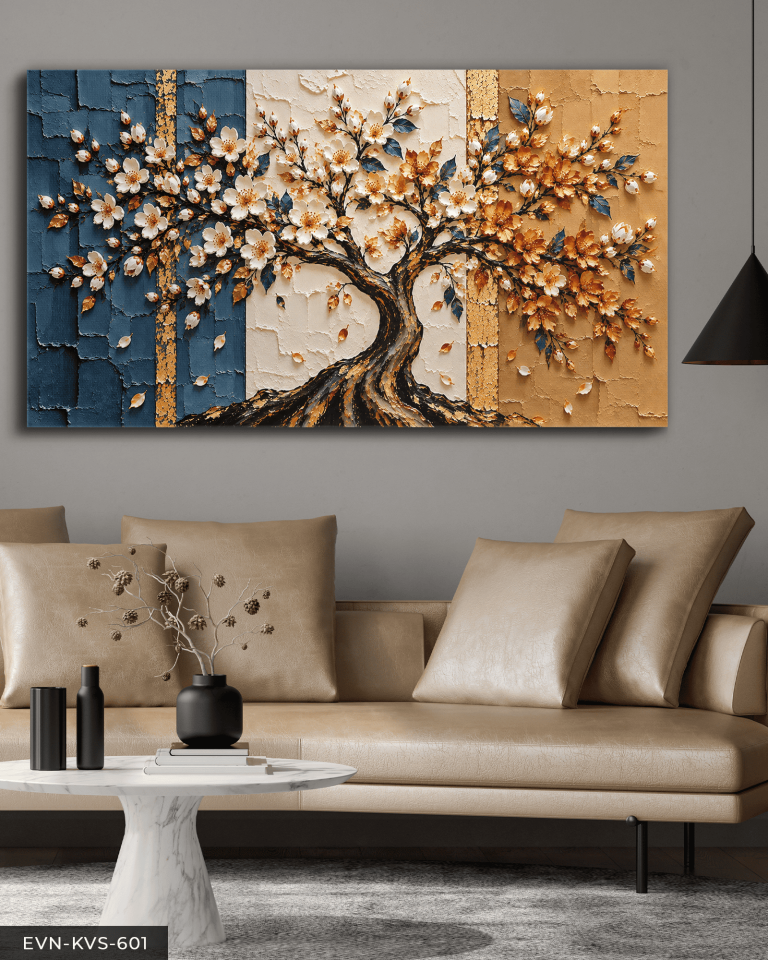 Mavi Beyaz Çiçekli Hayat Ağacı Tek Parça Kanvas - Canvas Tablo