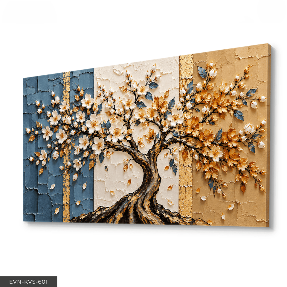 Mavi Beyaz Çiçekli Hayat Ağacı Tek Parça Kanvas - Canvas Tablo