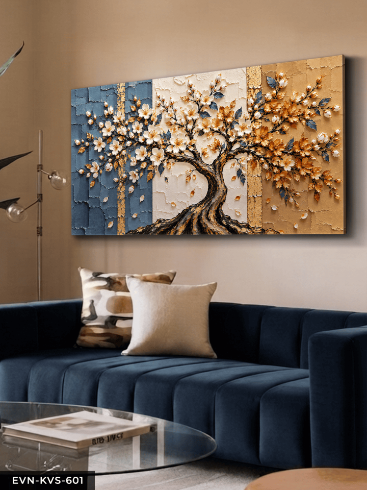 Mavi Beyaz Çiçekli Hayat Ağacı Tek Parça Kanvas - Canvas Tablo