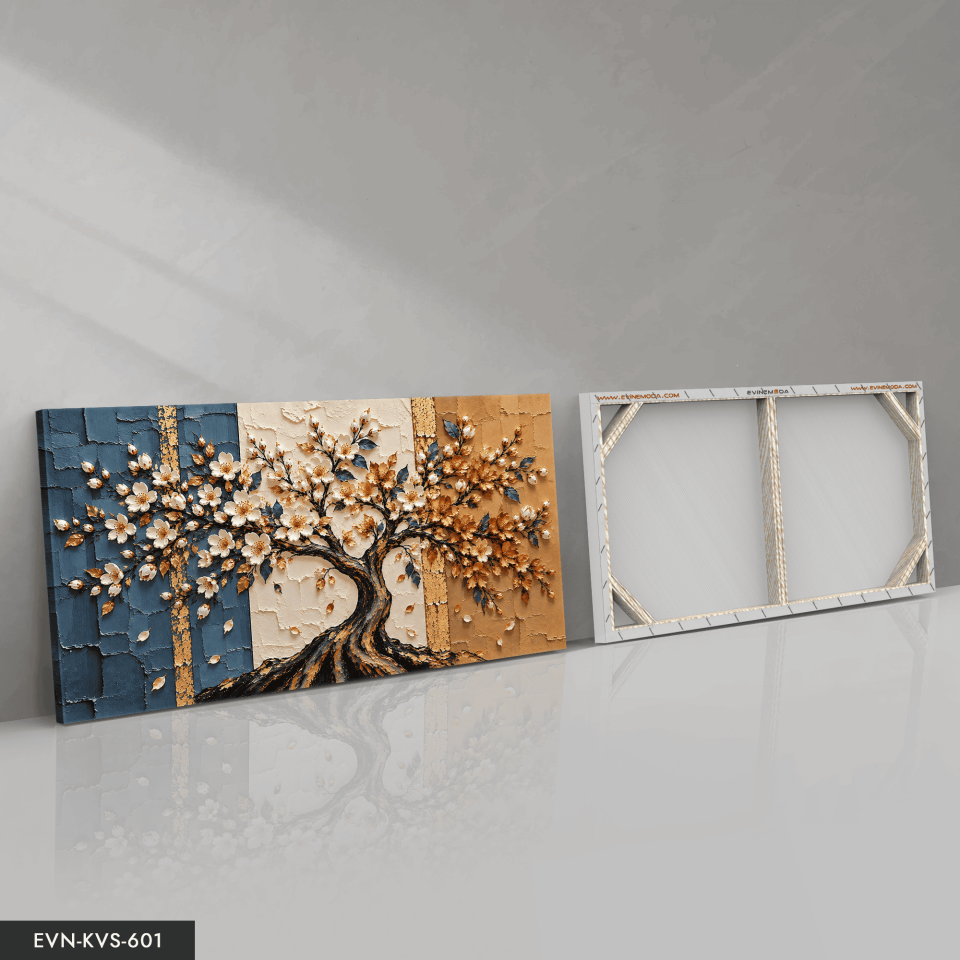 Mavi Beyaz Çiçekli Hayat Ağacı Tek Parça Kanvas - Canvas Tablo