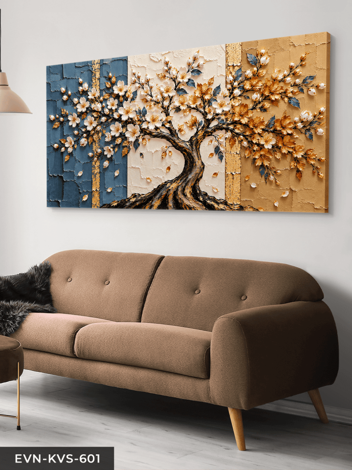 Mavi Beyaz Çiçekli Hayat Ağacı Tek Parça Kanvas - Canvas Tablo