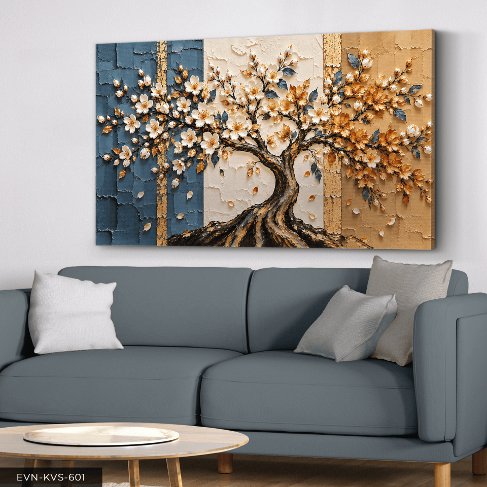 Mavi Beyaz Çiçekli Hayat Ağacı Tek Parça Kanvas - Canvas Tablo