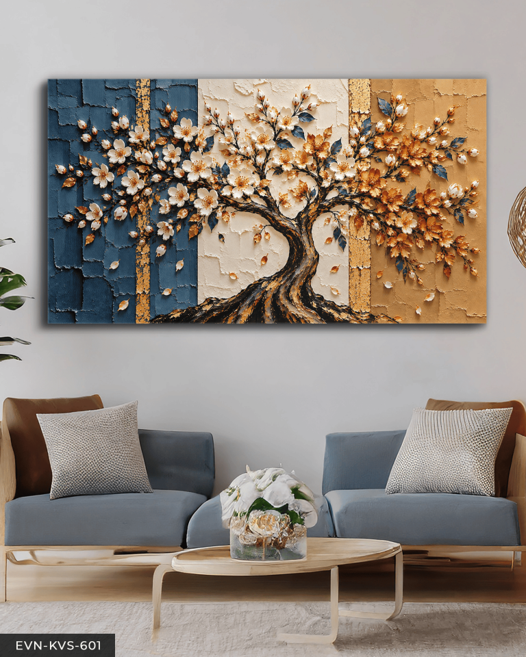 Mavi Beyaz Çiçekli Hayat Ağacı Tek Parça Kanvas - Canvas Tablo