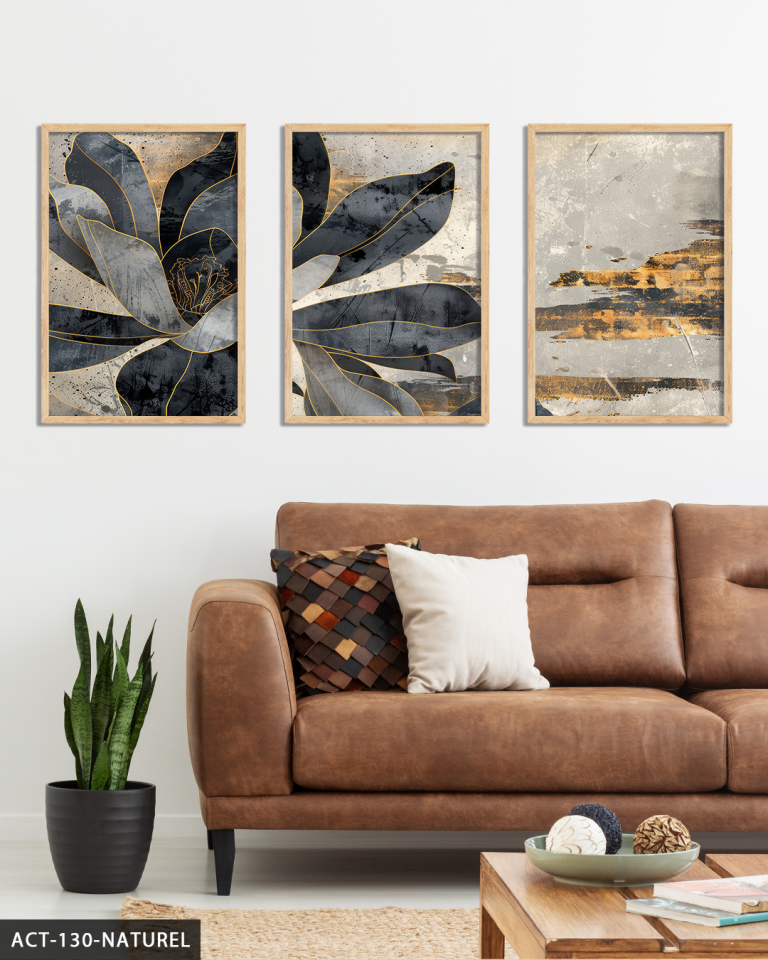 Gold Detaylı Siyah Çiçek 3 Parça Ahşap Çerçeveli Tablo ACT Naturel - 50 x 70 CM
