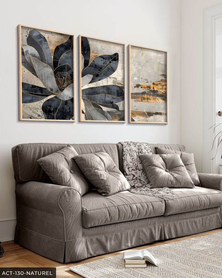 Gold Detaylı Siyah Çiçek 3 Parça Ahşap Çerçeveli Tablo ACT Naturel - 50 x 70 CM