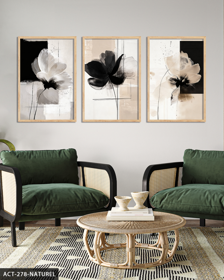 Boho Tarzı Çiçek 3 Parça Ahşap Çerçeveli Tablo ACT Naturel - 20 x 30 CM