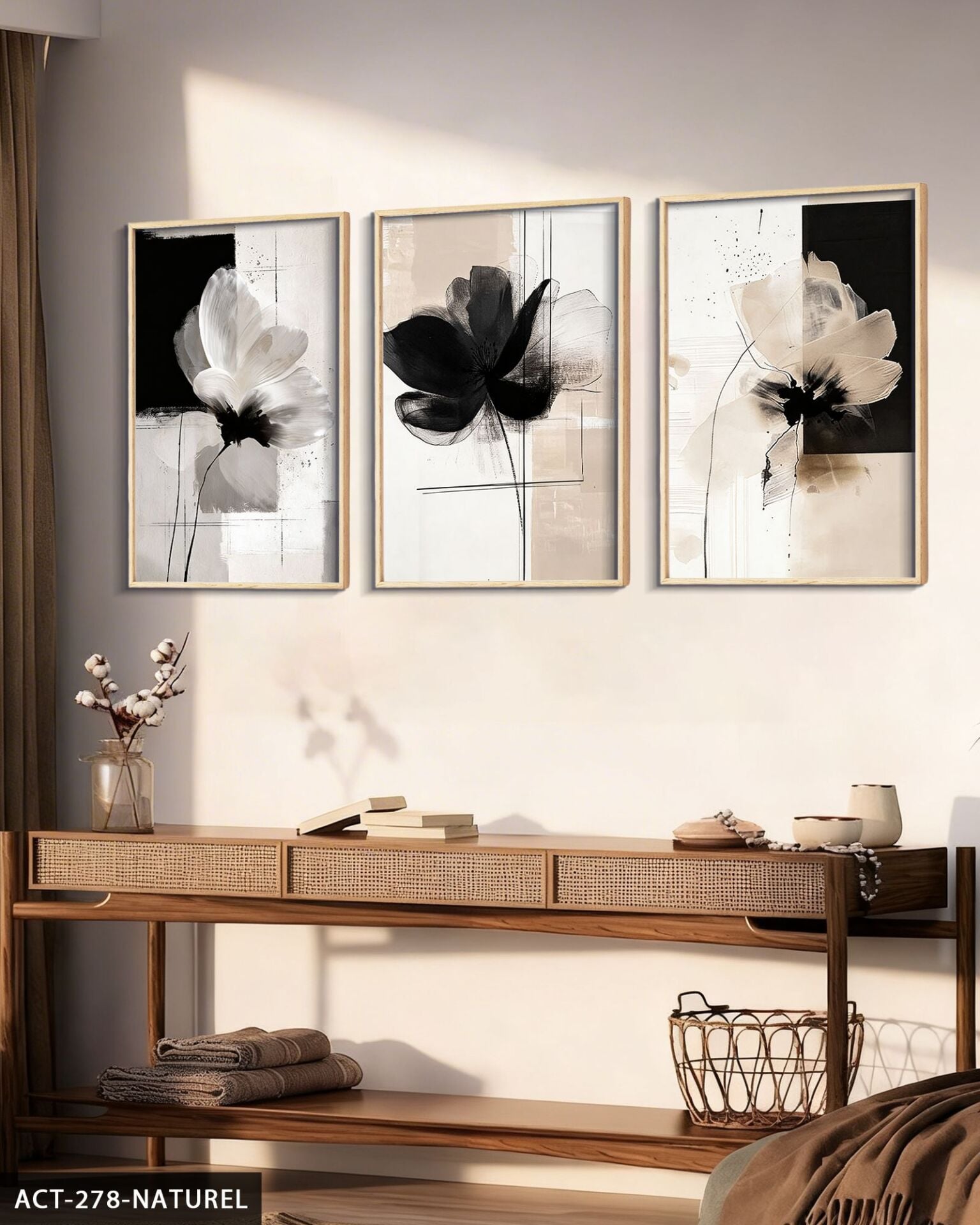 Boho Tarzı Çiçek 3 Parça Ahşap Çerçeveli Tablo ACT Naturel - 20 x 30 CM