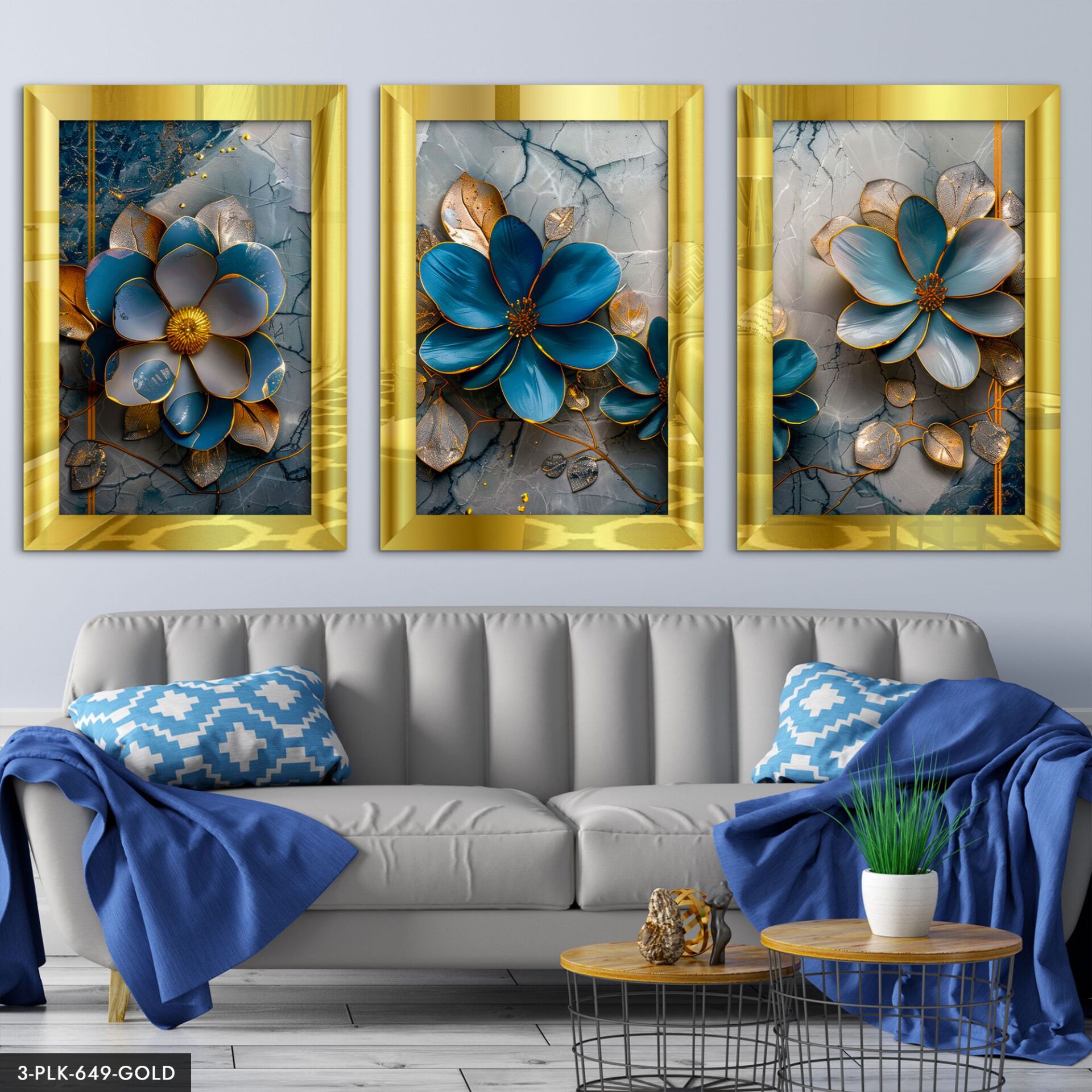 Mavi Çiçekler 3 Parça Pleksi Aynalı Tablo 30 x 40 CM - Gold
