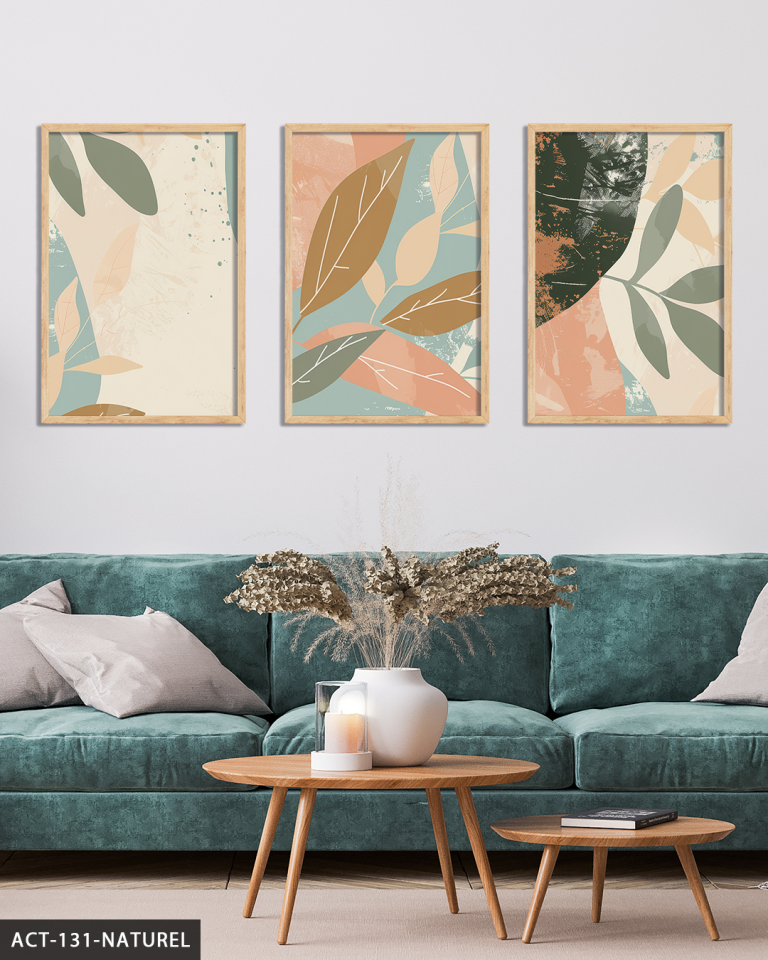 Boho Tarzı Renkli Yapraklar 3 Parça Ahşap Çerçeveli Tablo ACT Naturel - 50 x 70 CM