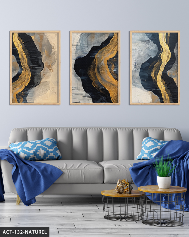 Gold ve Lacivert Renginde Farklı Şekiller 3 Parça Ahşap Çerçeveli Tablo ACT Naturel - 50 x 70 CM