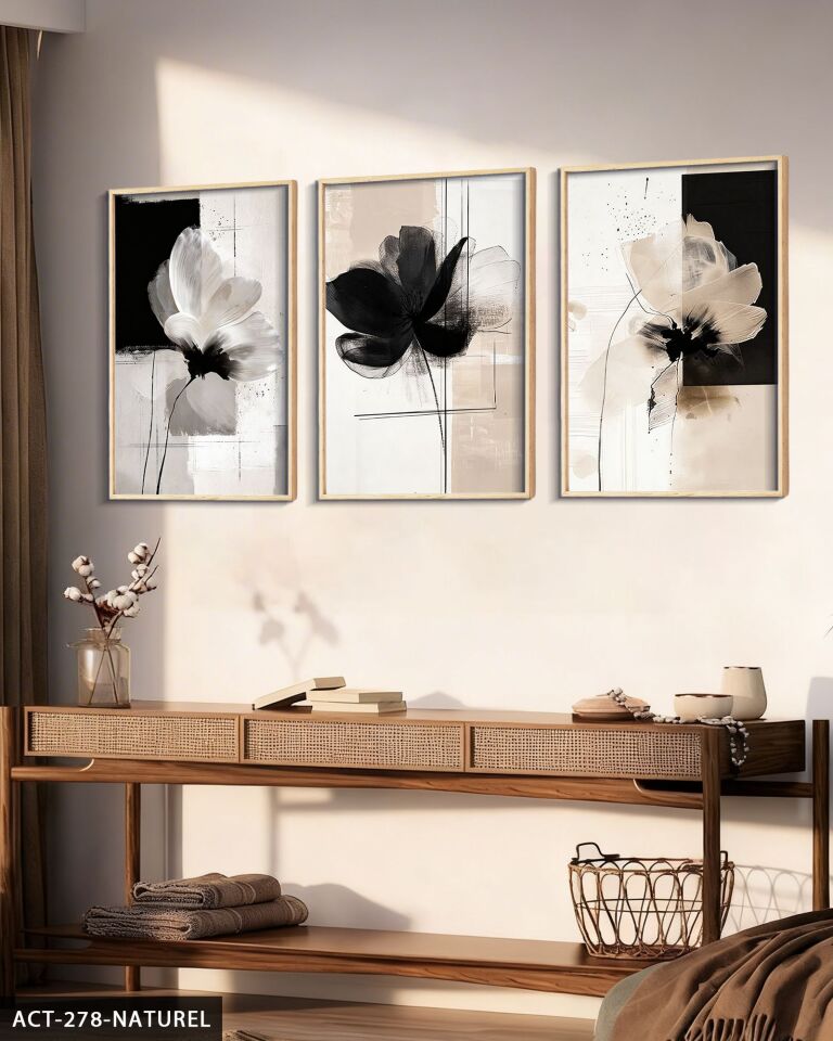 Boho Tarzı Çiçek 3 Parça Ahşap Çerçeveli Tablo ACT Naturel - 40 x 60 CM