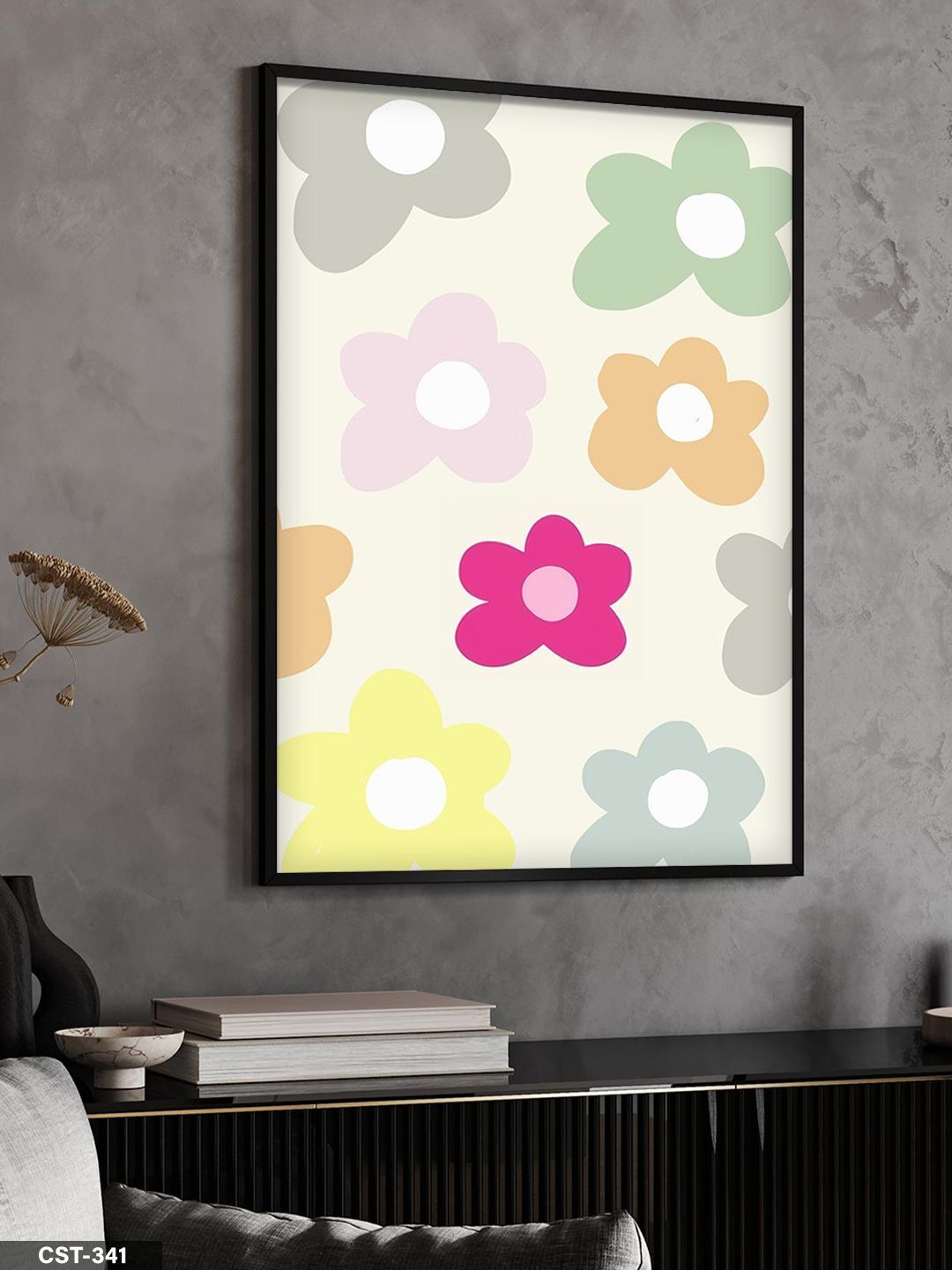 Renkli Çiçekler Tek Parça Ahşap Çerçeveli Tablo Siyah - 40 x 60 CM