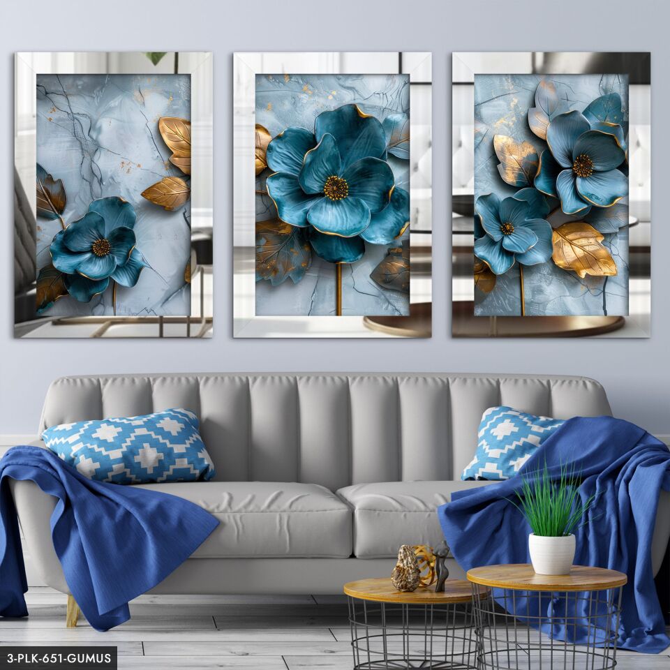 Turkuaz Çiçekler 3 Parça Pleksi Aynalı Tablo 30 x 40 CM - Gümüş
