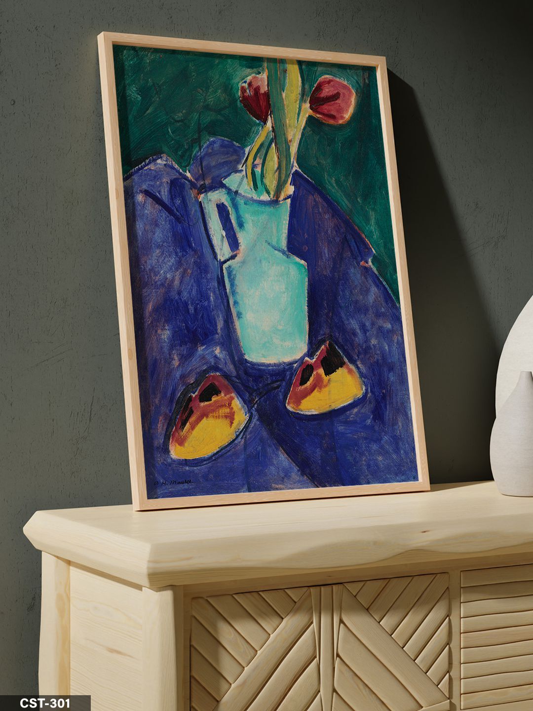 Ernst Ludwing Kirchner Çiçekler ve Tabak Tek Parça Ahşap Çerçeveli Tablo Naturel - 30 x 40 CM