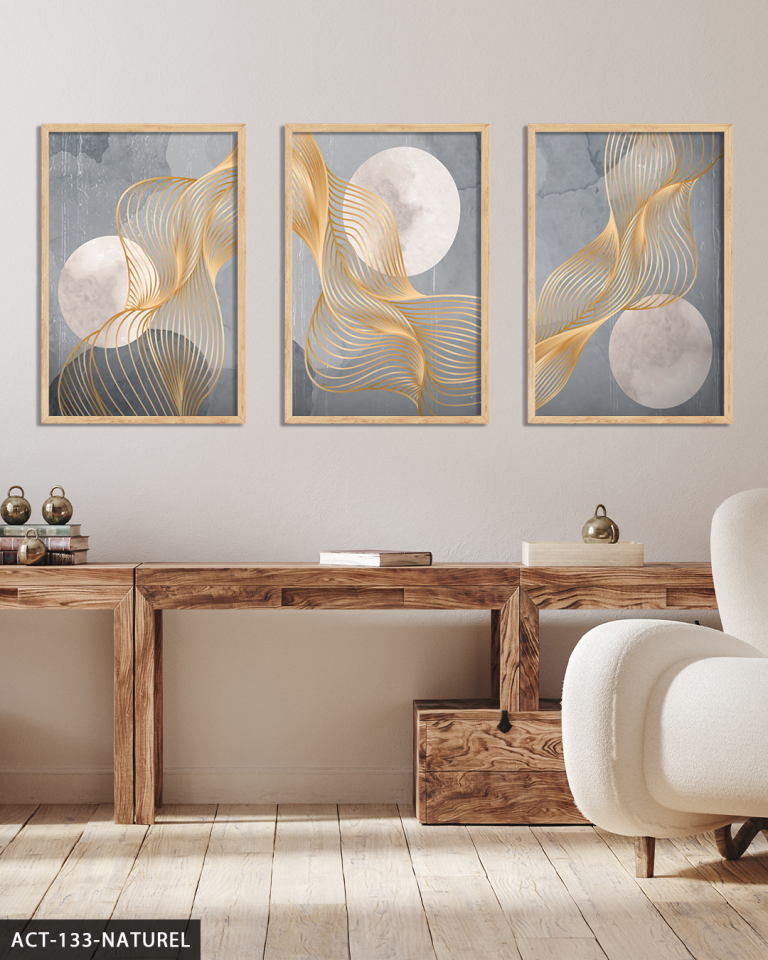 Gri Zeminde Gold Detaylı Dalgalar 3 Parça Ahşap Çerçeveli Tablo ACT Naturel - 50 x 70 CM