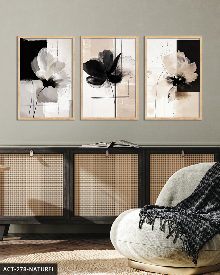 Boho Tarzı Çiçek 3 Parça Ahşap Çerçeveli Tablo ACT Naturel - 50 x 70 CM