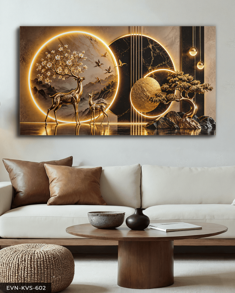 Gold Geyik ve Ağaç Tek Parça Işıksız Kanvas - Canvas Tablo