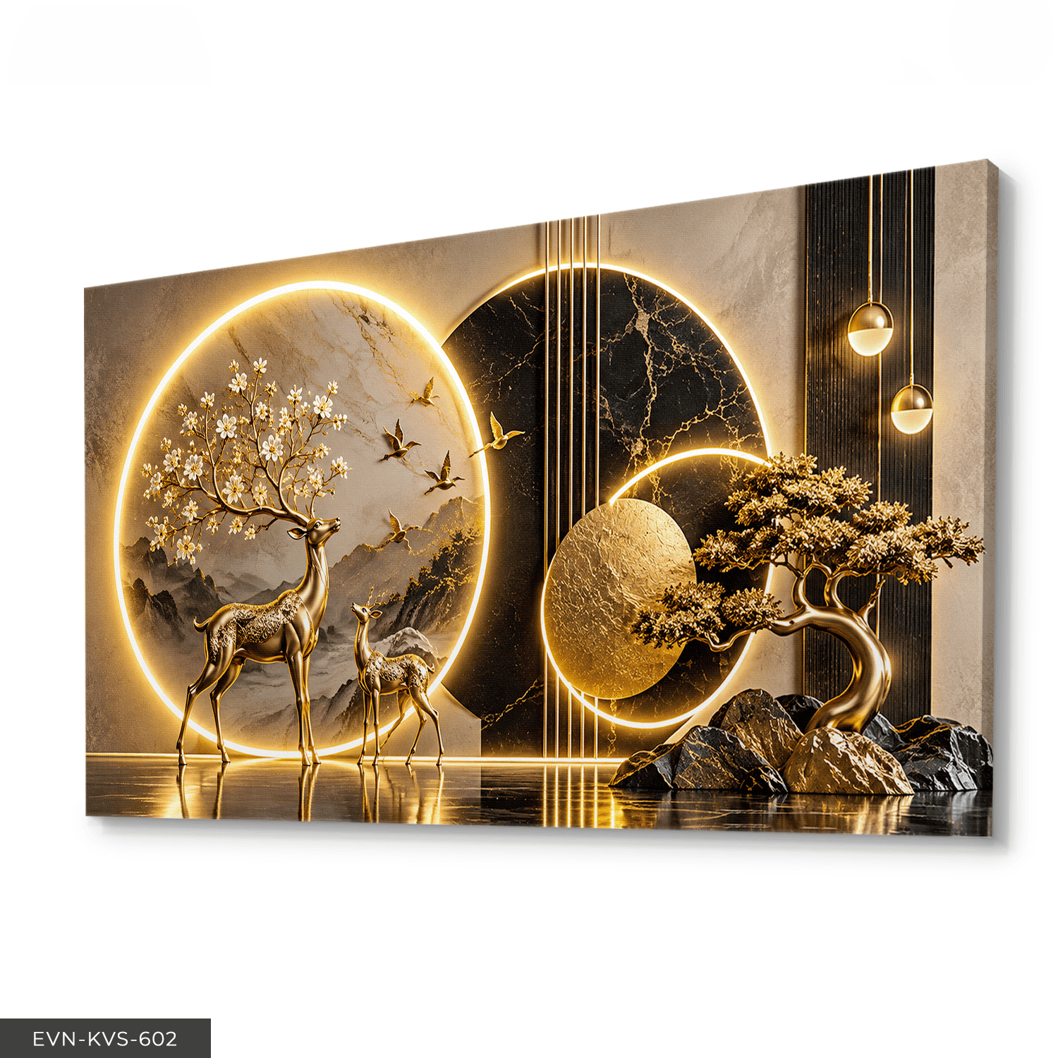 Gold Geyik ve Ağaç Tek Parça Işıksız Kanvas - Canvas Tablo