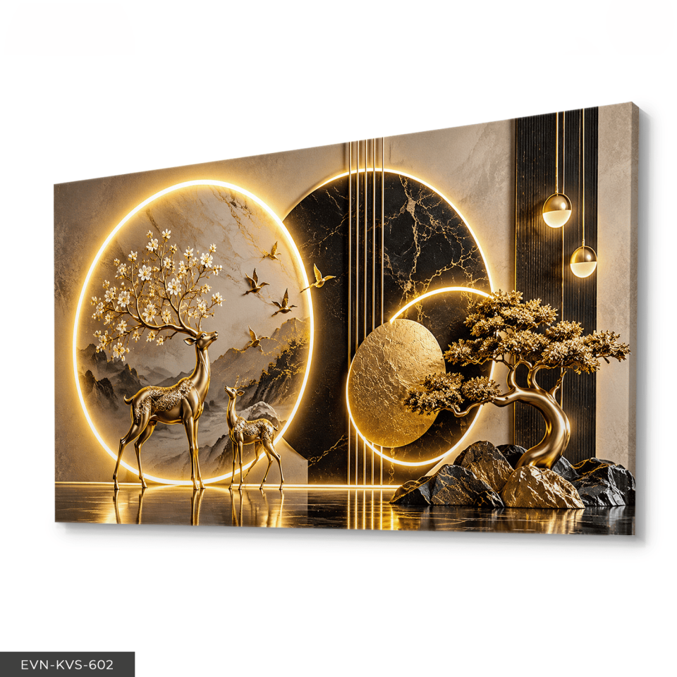 Gold Geyik ve Ağaç Tek Parça Işıksız Kanvas - Canvas Tablo