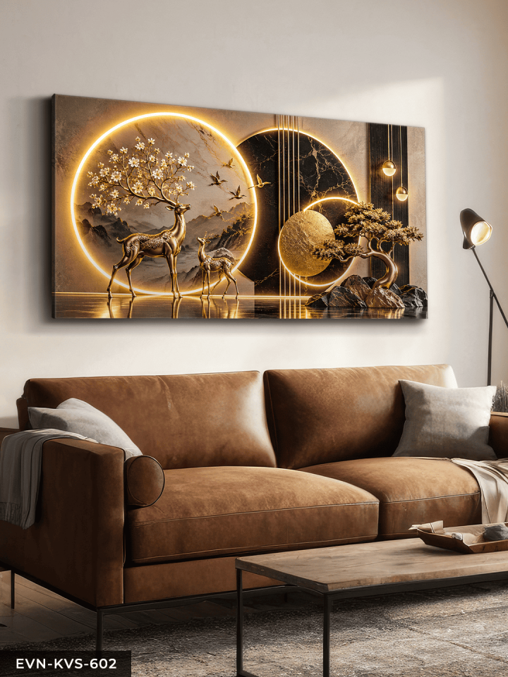 Gold Geyik ve Ağaç Tek Parça Işıksız Kanvas - Canvas Tablo