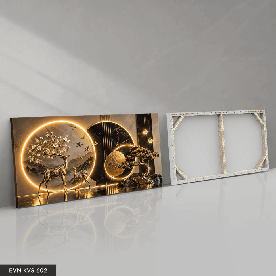 Gold Geyik ve Ağaç Tek Parça Işıksız Kanvas - Canvas Tablo