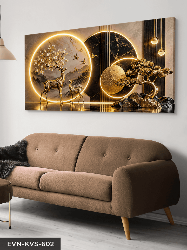 Gold Geyik ve Ağaç Tek Parça Işıksız Kanvas - Canvas Tablo