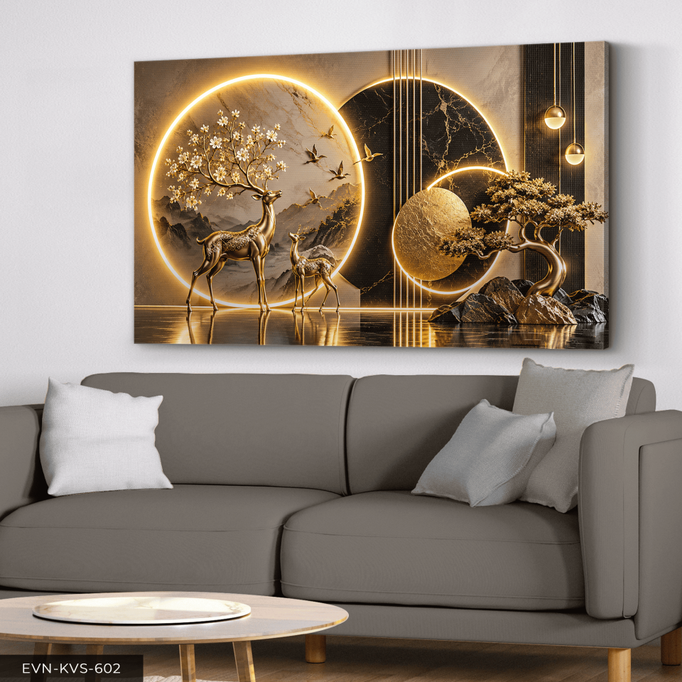 Gold Geyik ve Ağaç Tek Parça Işıksız Kanvas - Canvas Tablo