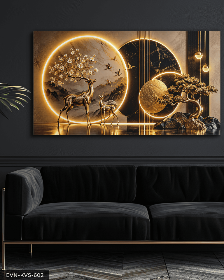 Gold Geyik ve Ağaç Tek Parça Işıksız Kanvas - Canvas Tablo
