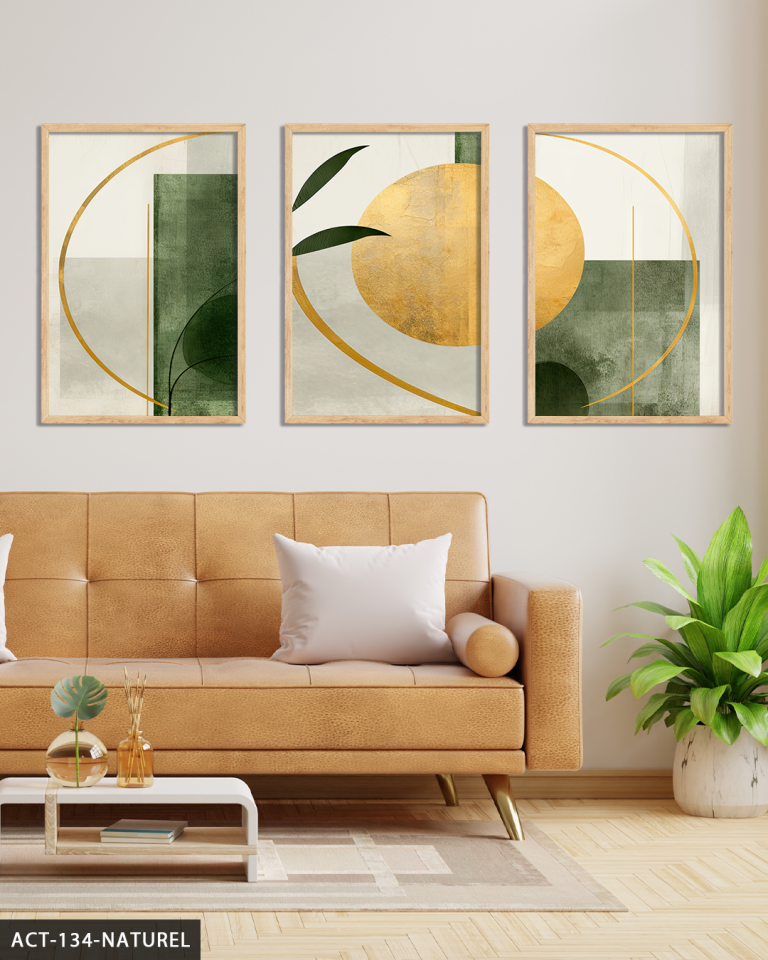 Gold ve Yeşil Soyut Sanat 3 Parça Ahşap Çerçeveli Tablo ACT Naturel - 50 x 70 CM