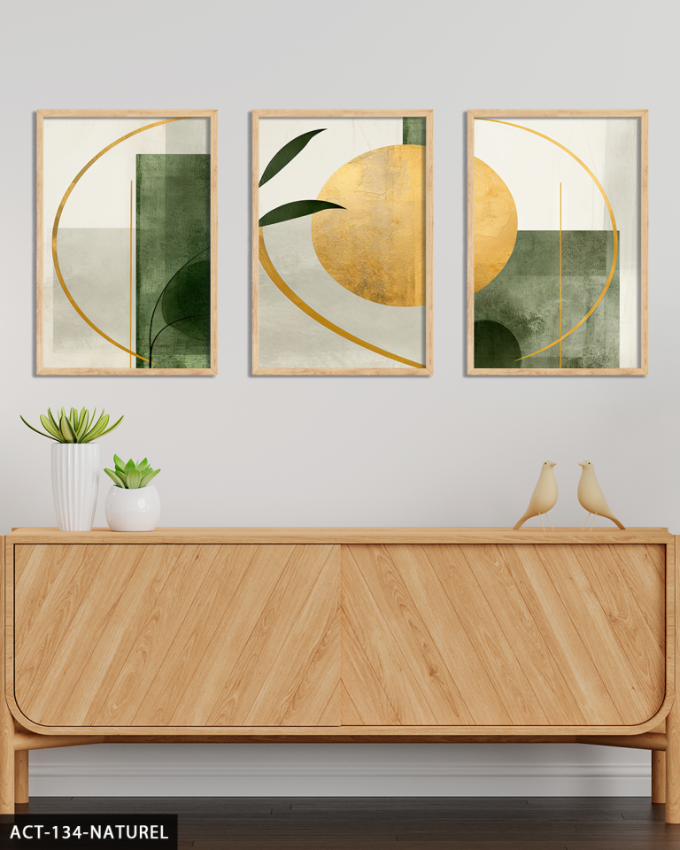 Gold ve Yeşil Soyut Sanat 3 Parça Ahşap Çerçeveli Tablo ACT Naturel - 50 x 70 CM