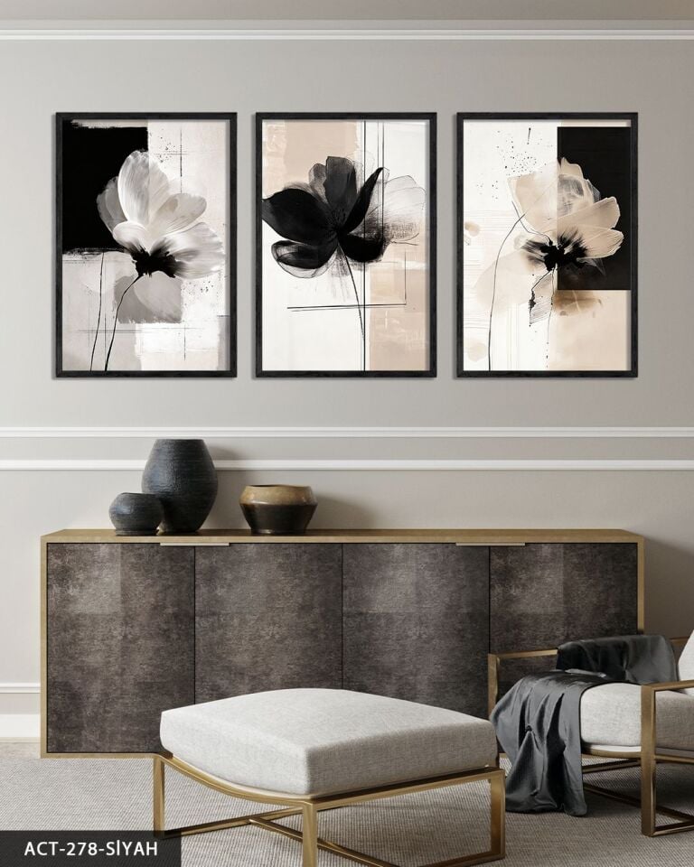 Boho Tarzı Çiçek 3 Parça Ahşap Çerçeveli Tablo ACT Siyah - 20 x 30 CM