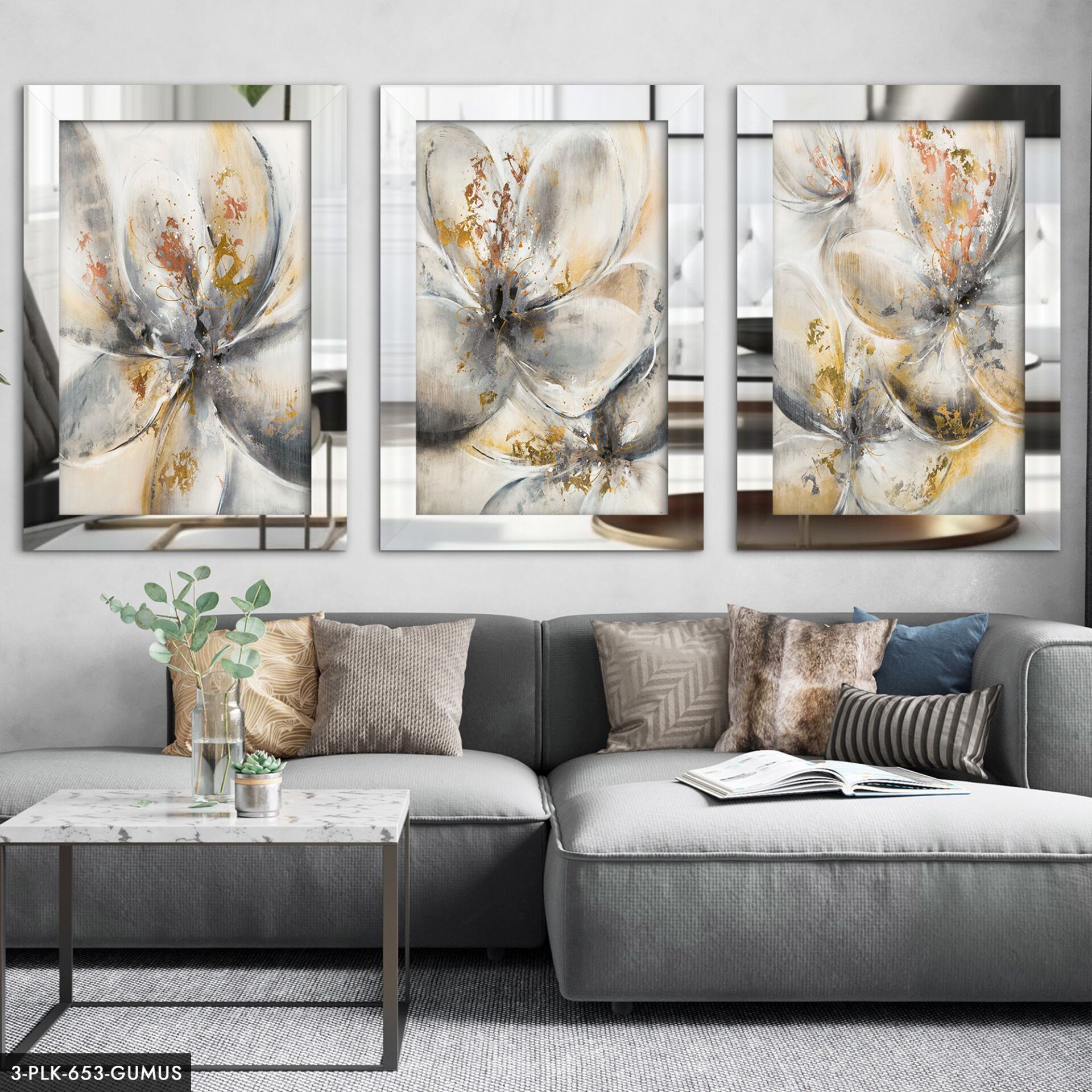 Çiçekler 3 Parça Pleksi Aynalı Tablo 30 x 40 CM - Gümüş