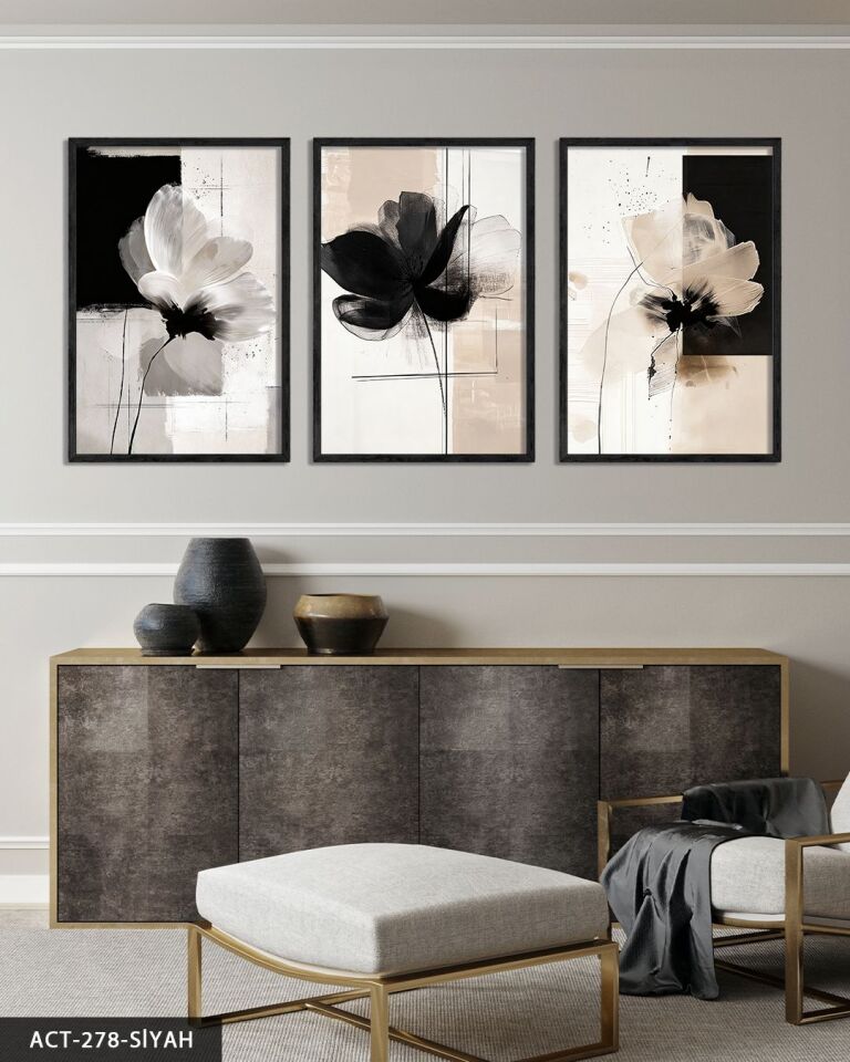 Boho Tarzı Çiçek 3 Parça Ahşap Çerçeveli Tablo ACT Siyah - 30 x 40 CM